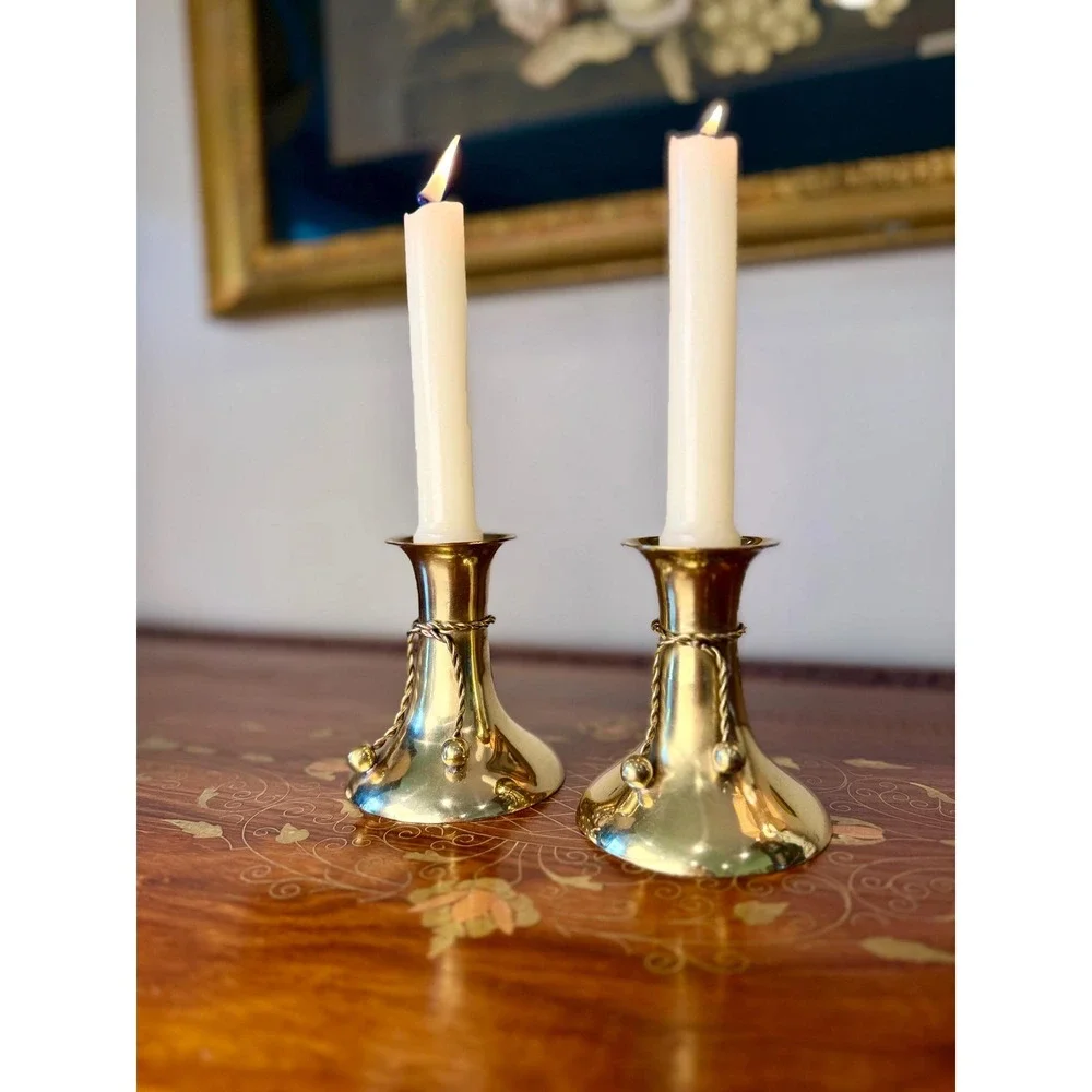 Vintage Brass Candlestick Pair • Tassel Taper Candle Holders